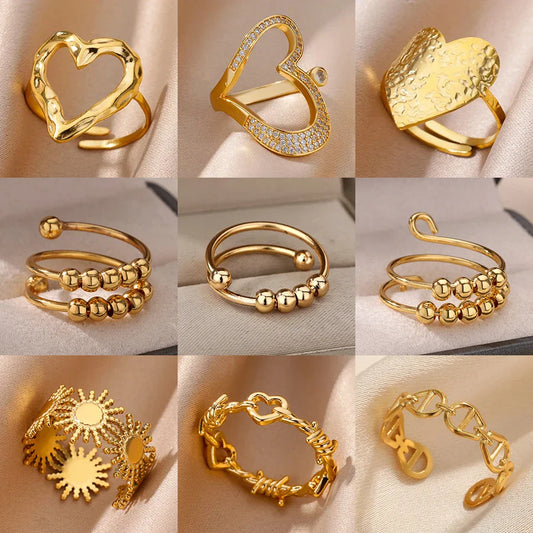 Anti-stress Rotating Beads Rings For Women Men Gold Color Stainless Steel Double Smooth Beads Finger Ring Party Jewelry Gift