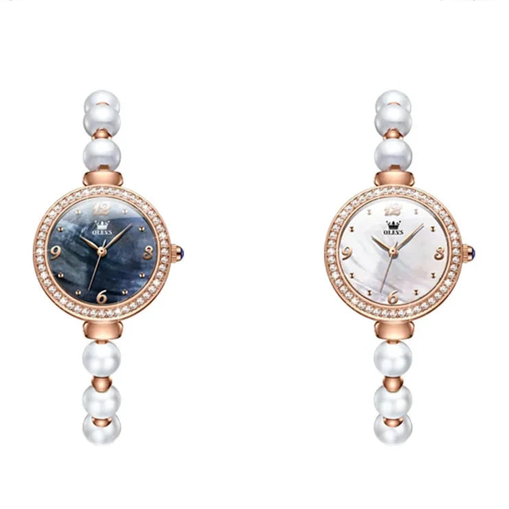Women's Pearl Bracelet Watch Rose Gold Crystal Bezel