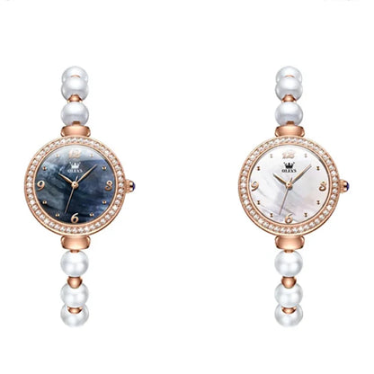 Women's Pearl Bracelet Watch Rose Gold Crystal Bezel