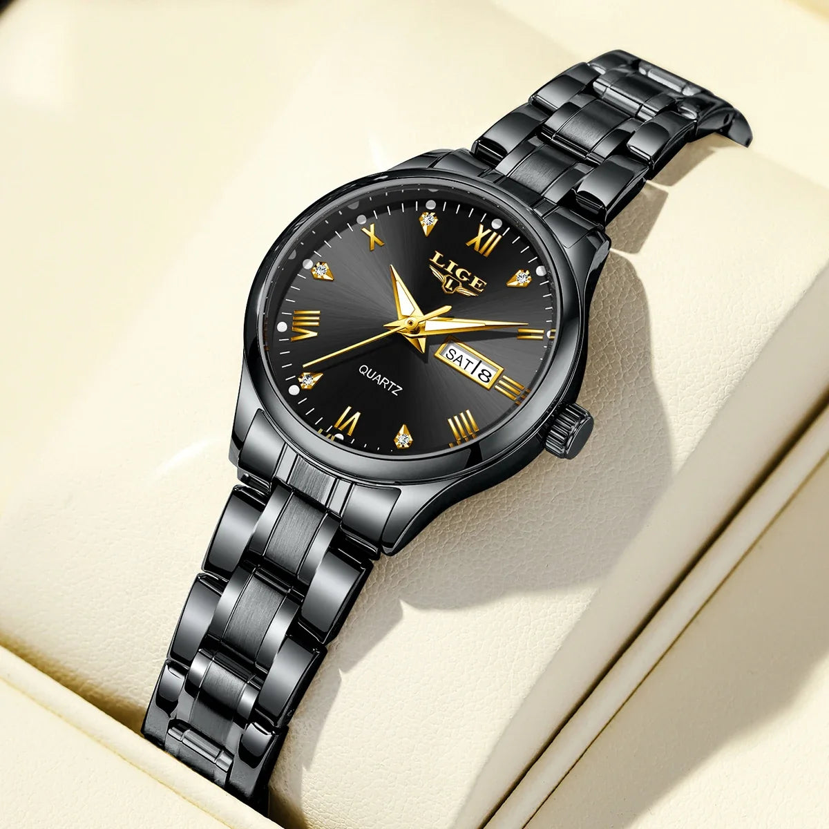 Women's Black Stainless Steel Diamond Dial Quartz Watch