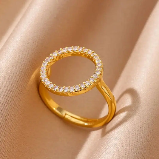 Zircon Hollow Round Rings Stainless Steel Gold Color Adjustable Wedding Ring Aesthetic Jewelry Gift Anillos