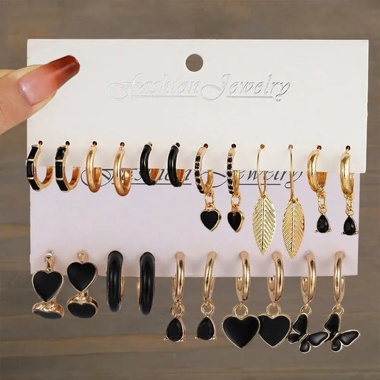 Simple 11 Pcs Black Heart Leaf Butterfly Earrings Set Temperament Hoop Earring Holiday Wedding Jewelry Gift