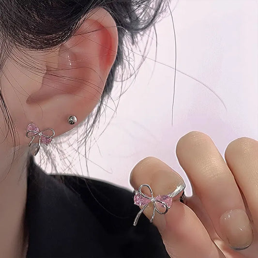 925 Sterling Silver Bow Pink Zircon Stud Earrings For Wedding Luxury Jewelry 925