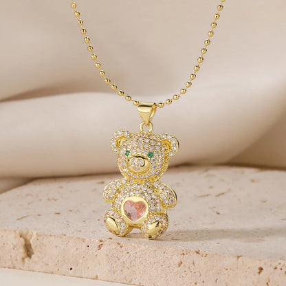 NEWBUY Hot Sale 2 Style Lovely Bear Pendant Necklaces For Women Shiny CZ Zircon Inlay Gold Color Copper Jewelry