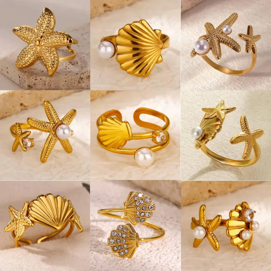 2025 Freshwater Anillos Stainless Steel Pearl Starfish Shell Rings For Women Punk Gold Color Vintage Waterproof Beach Jewelry
