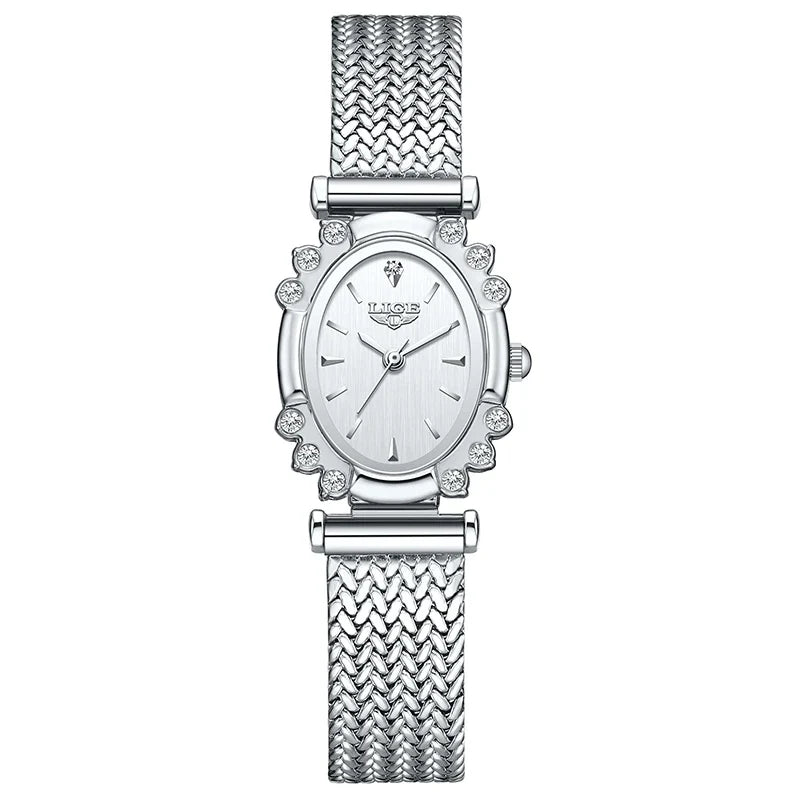 Women's Oval Quartz Watch Vintage Mesh Bracelet Blue Dial