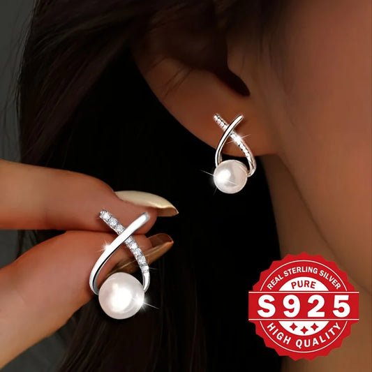 S925 Silver, Women's Cross-tail Shellfish Pearl Earrings, Inlaid With Synthetic Zircon, Elegant And Suitable For Daily Wear