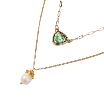 Two Layer Necklace With Abalone Pendant And Pearl Pendant