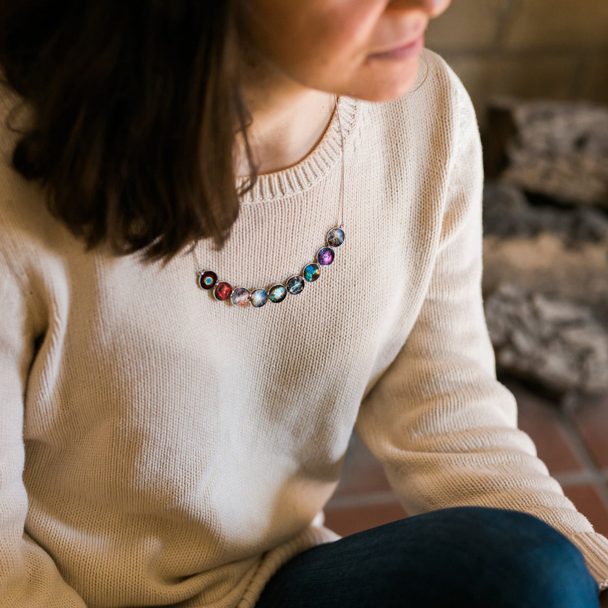 Curved Nebula Rainbow Necklace in Silver