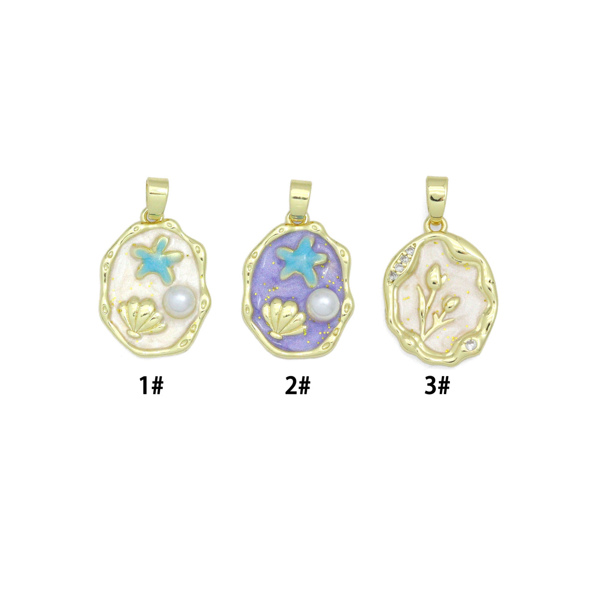 White Purple Enamel Gold StarFish Shell Pearl Oval charm, Sku#Z1483