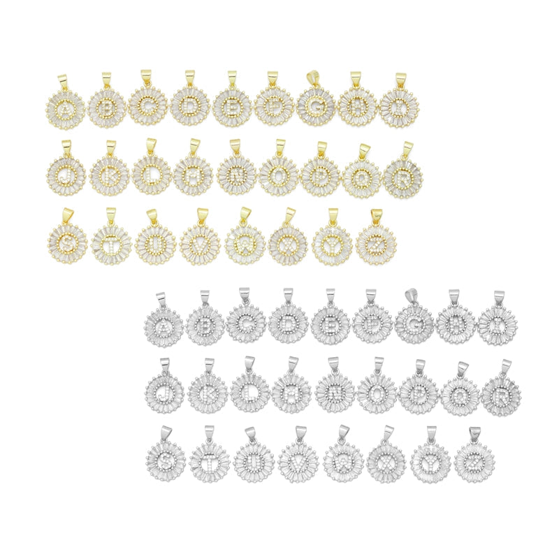 Baguette CZ Circle Initial Letter Charm/Pendent, Alphabet  Pendent, Gold/Silver Finish, sku#Z1483A