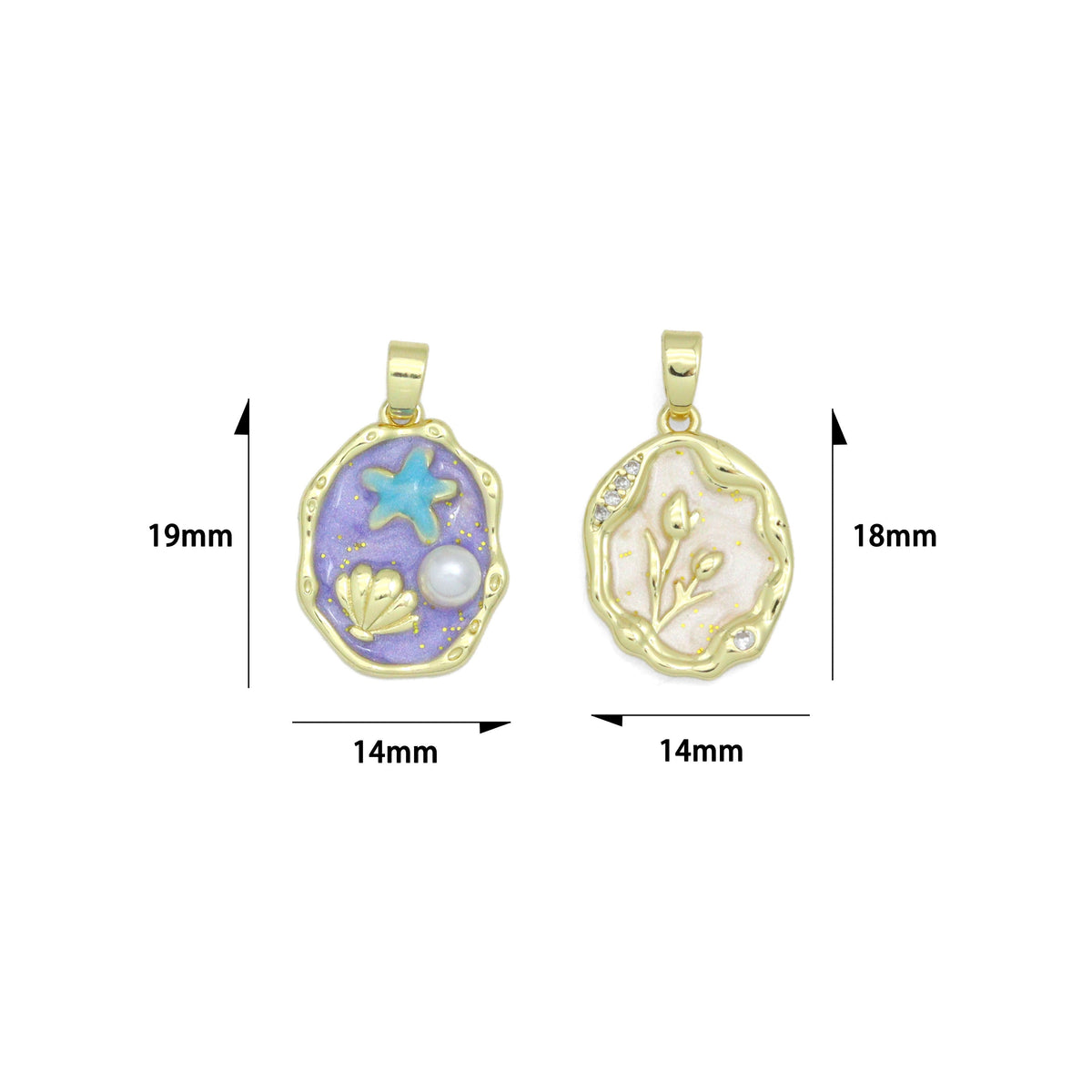 White Purple Enamel Gold StarFish Shell Pearl Oval charm, Sku#Z1483