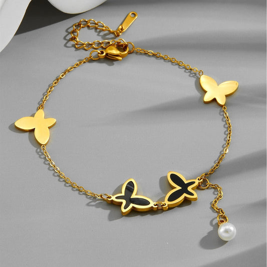 Pearl Chain Tassel Butterfly Beach Style Metal Titanium Steel Anklet