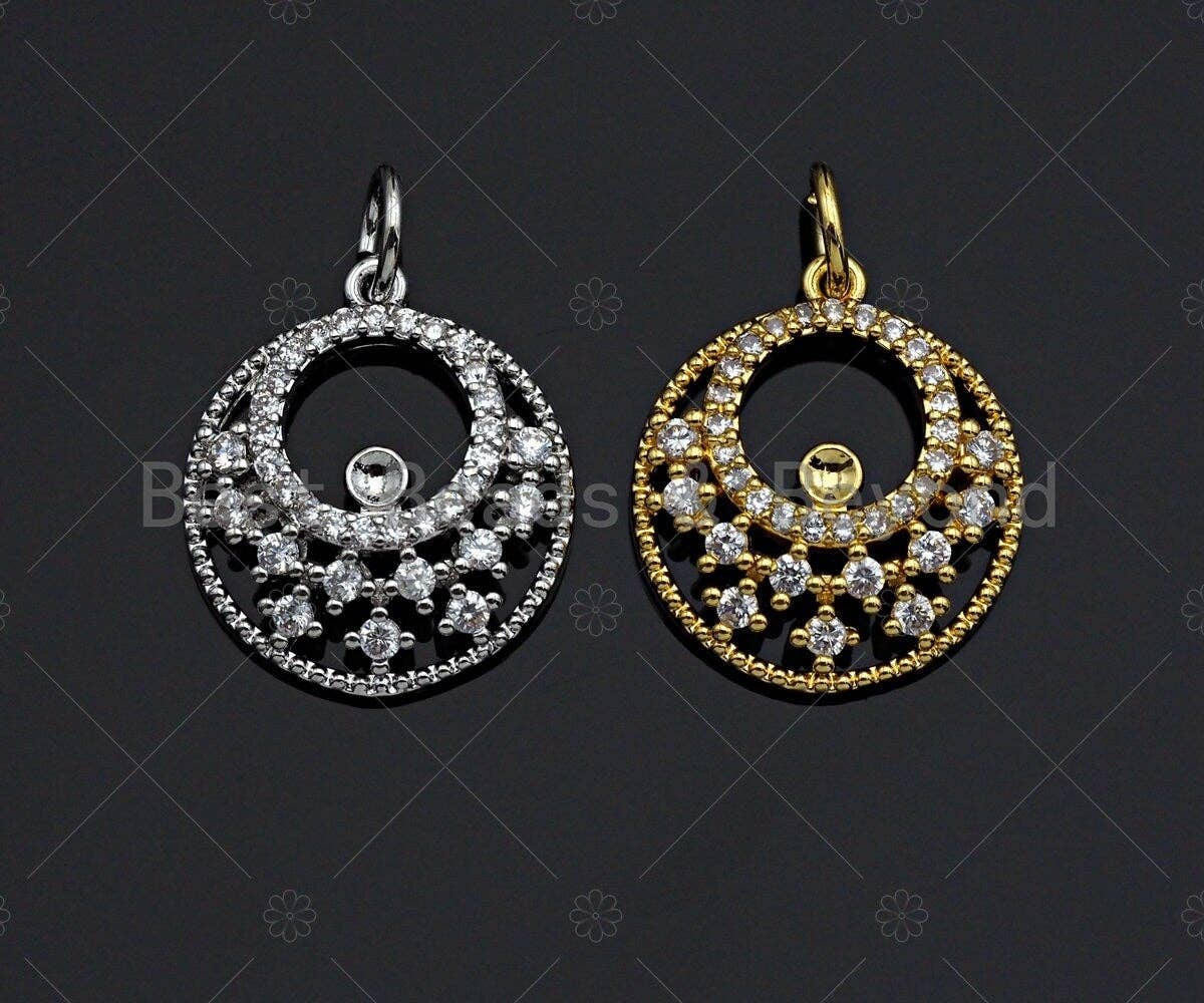 CZ Micro Pave Round Filligree Round GO-GO Pendant/Charm, Hollow Out Cubic Zirconia Pendant, Silver/Gold Tone, 15mm, Sku#Y260