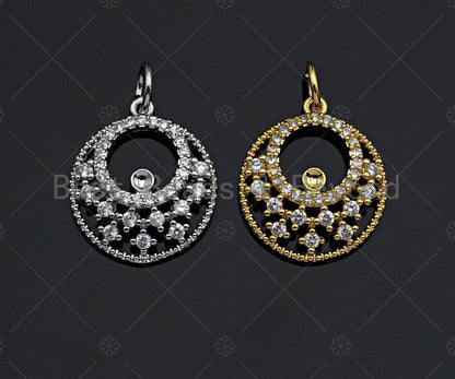 CZ Micro Pave Round Filligree Round GO-GO Pendant/Charm, Hollow Out Cubic Zirconia Pendant, Silver/Gold Tone, 15mm, Sku#Y260