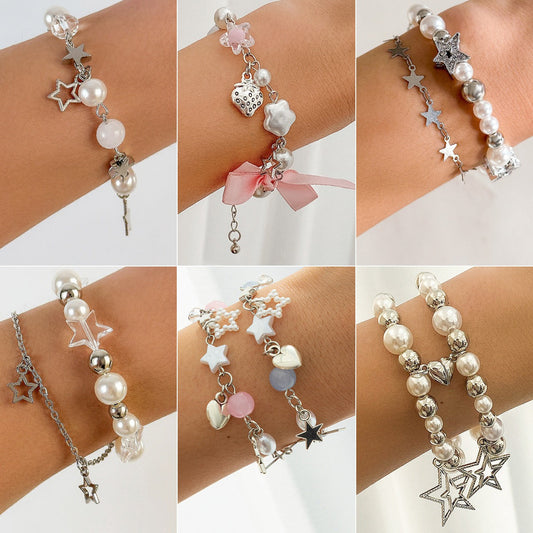 Star And Heart-shaped Pendant Tassel Bracelet Set