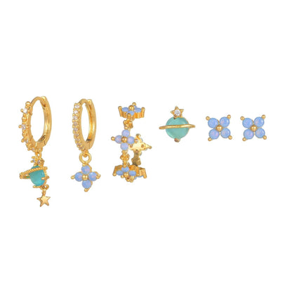 Stacking 6 Pieces Blue Flower Pierced Earring Set with Zircon, 18k Gold Plated Ear Studs and Ear Drops, Women's Fashion Jewelry for Party Daily Stacked Lobe Earrings