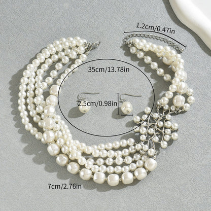 Stylish European American Geometric Women Jewelry Set, Unique Design With Strung Faux Pearls, Versatile Elegant Matching Necklace And Stud Earrings For Daily Wear