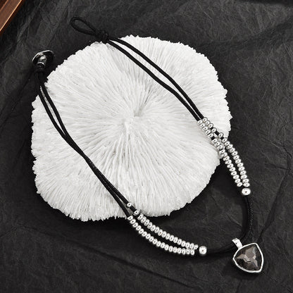 Two Layer Silver Bead Black Wax Cord Choker, Smoky Grey Heart Cubic Zirconia Punk Necklace, Y2K Cool Jewelry For European Spanish Women