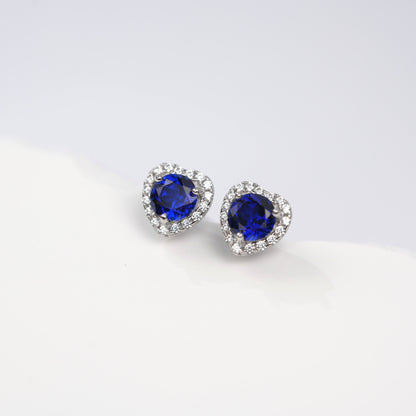 S925 Sterling Silver Heart Halo Stud Earrings, 5mm Lab-Grown Ruby Sapphire, Platinum Plated 1.5g, Women's Jewelry Gift Box