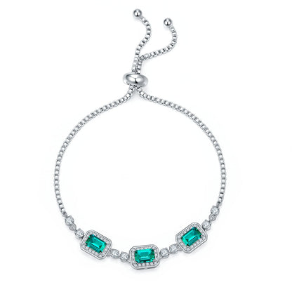 S925 Sterling Silver Adjustable Bolo Bracelet, 6x4mm 3-Stone Lab-Grown Emerald Sapphire Halo, 21cm Platinum Plated 6.2g Women's Jewelry Gift Box