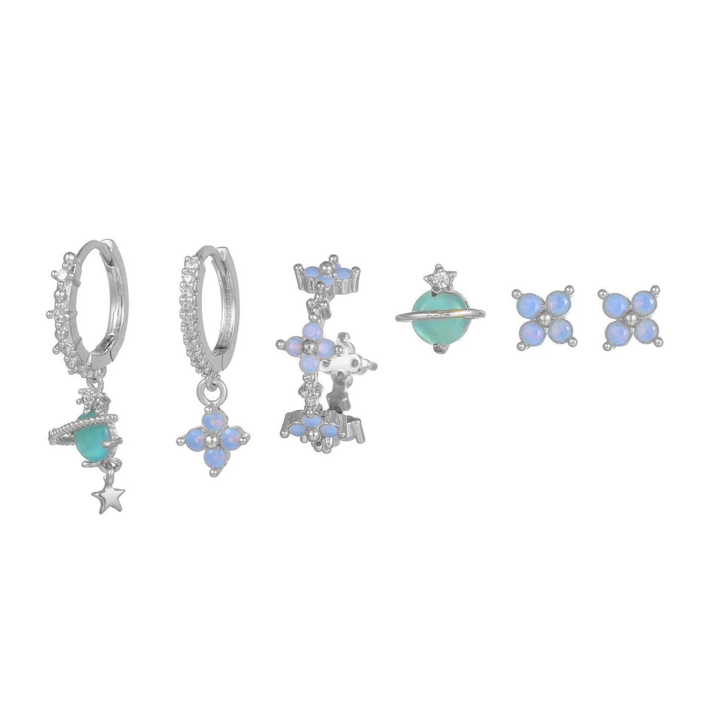 Stacking 6 Pieces Blue Flower Pierced Earring Set with Zircon, 18k Gold Plated Ear Studs and Ear Drops, Women's Fashion Jewelry for Party Daily Stacked Lobe Earrings