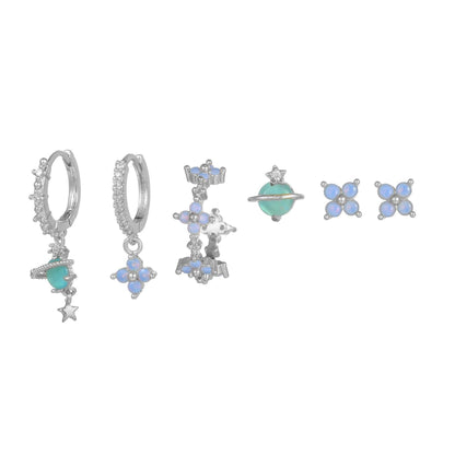 Stacking 6 Pieces Blue Flower Pierced Earring Set with Zircon, 18k Gold Plated Ear Studs and Ear Drops, Women's Fashion Jewelry for Party Daily Stacked Lobe Earrings