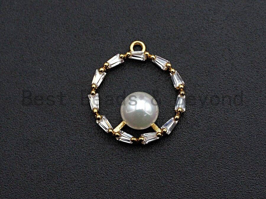CZ Pave Ring Pendant with White Pearl Charm/Pendant, Pearl Jewelry, CZ Pave Jewelry, 16x18mm, sku#Y235