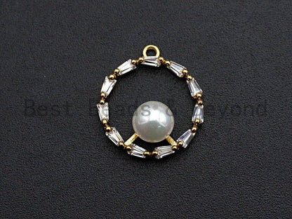 CZ Pave Ring Pendant with White Pearl Charm/Pendant, Pearl Jewelry, CZ Pave Jewelry, 16x18mm, sku#Y235