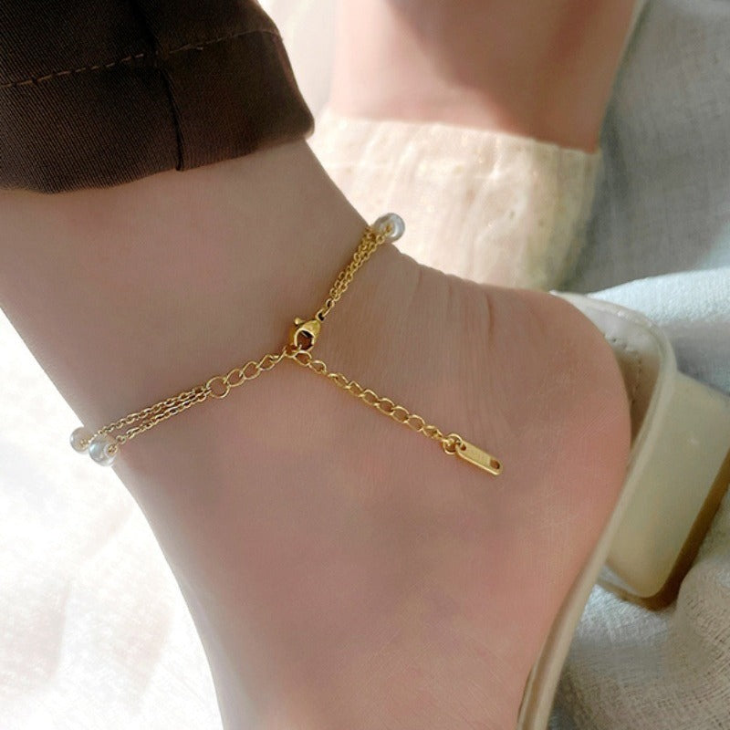 Double-layer pearl butterfly pendant shell anklet
