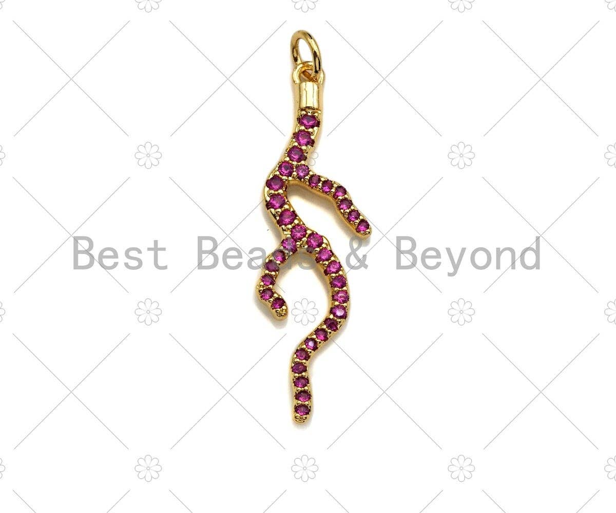 Fuchsia CZ Micro Pave Coral Branch Pendant/Charm, Antler Tree Branch Cubic Zirconia Pendant, Silver/Gold/Rose Gold Tone, 10x34mm, Sku#Y286