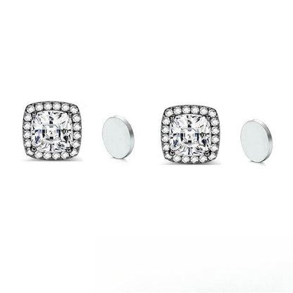 Stainless Steel Magnetic CZ Square Halo Stud Earrings for Men Women, Square Cubic Zirconia Inlaid Magnetic Earrings Non-Piercing Clip On Stud Earring