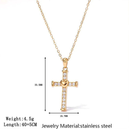 Stainless Steel Inlaid Rhinestone Heart-shaped Cross Pendant Necklace