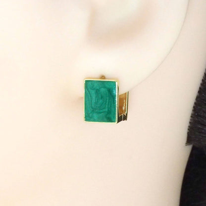 Gold Green Square Huggie Earrings, Sku#Y780