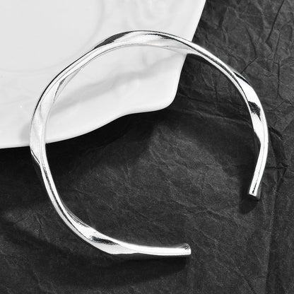Mobius Irregular Geometric Open Cuff Bangle Set For Women, Broken Silver Stackable Bracelets, Minimal European Fashion Jewelry