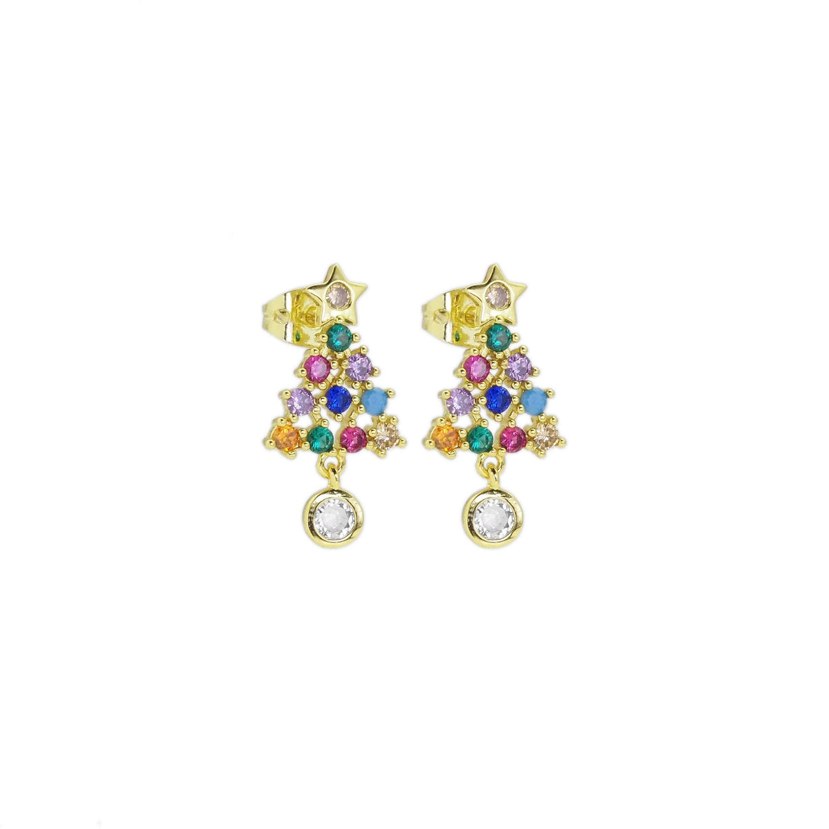 Gold Colorful CZ Christmas Trees Stud Earrings, Sku#Y818
