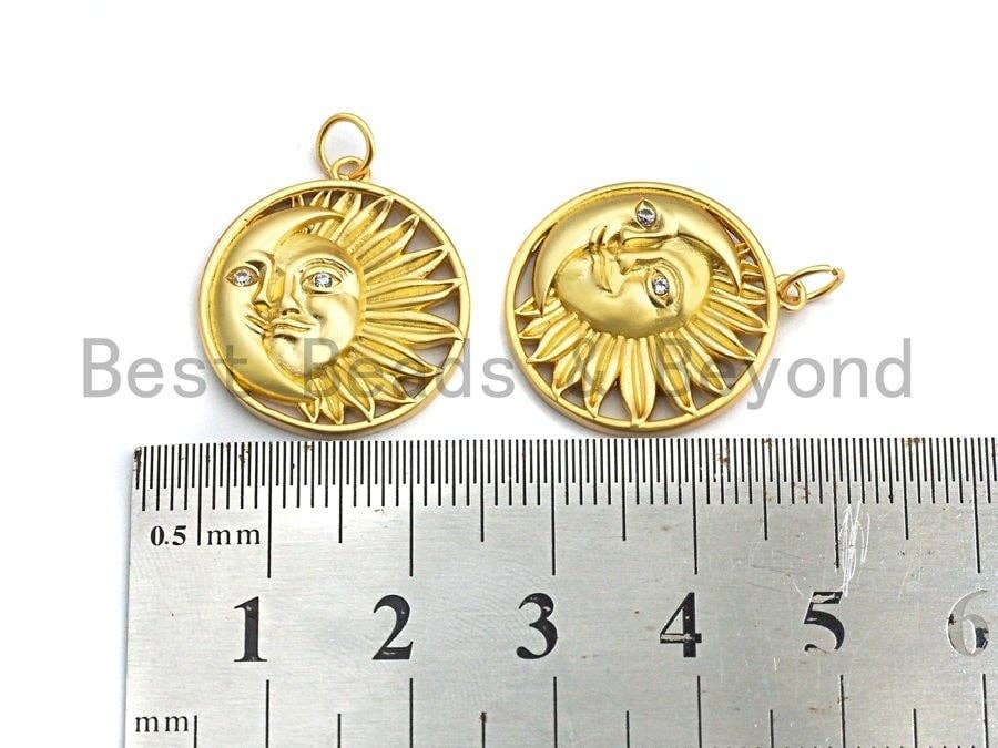 CZ Micro Pave Round With Moon And Sun Pendant/Charm, Indian Pattern Cubic Zirconia Pendant, Silver/Gold Tone,20x22mm,Sku#Y206