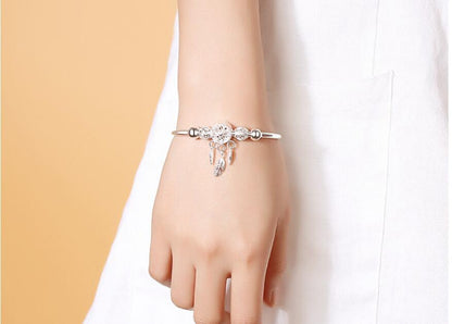 Adjustable Sterling Silver Dreamcatcher Feather Round Bead Charm Bracelet Bangle Adjustable Polished Hollow Out Bracelet For Women Girl Teen Mother Friend Friendship Cute Luxury Jewelry Birthday Gift