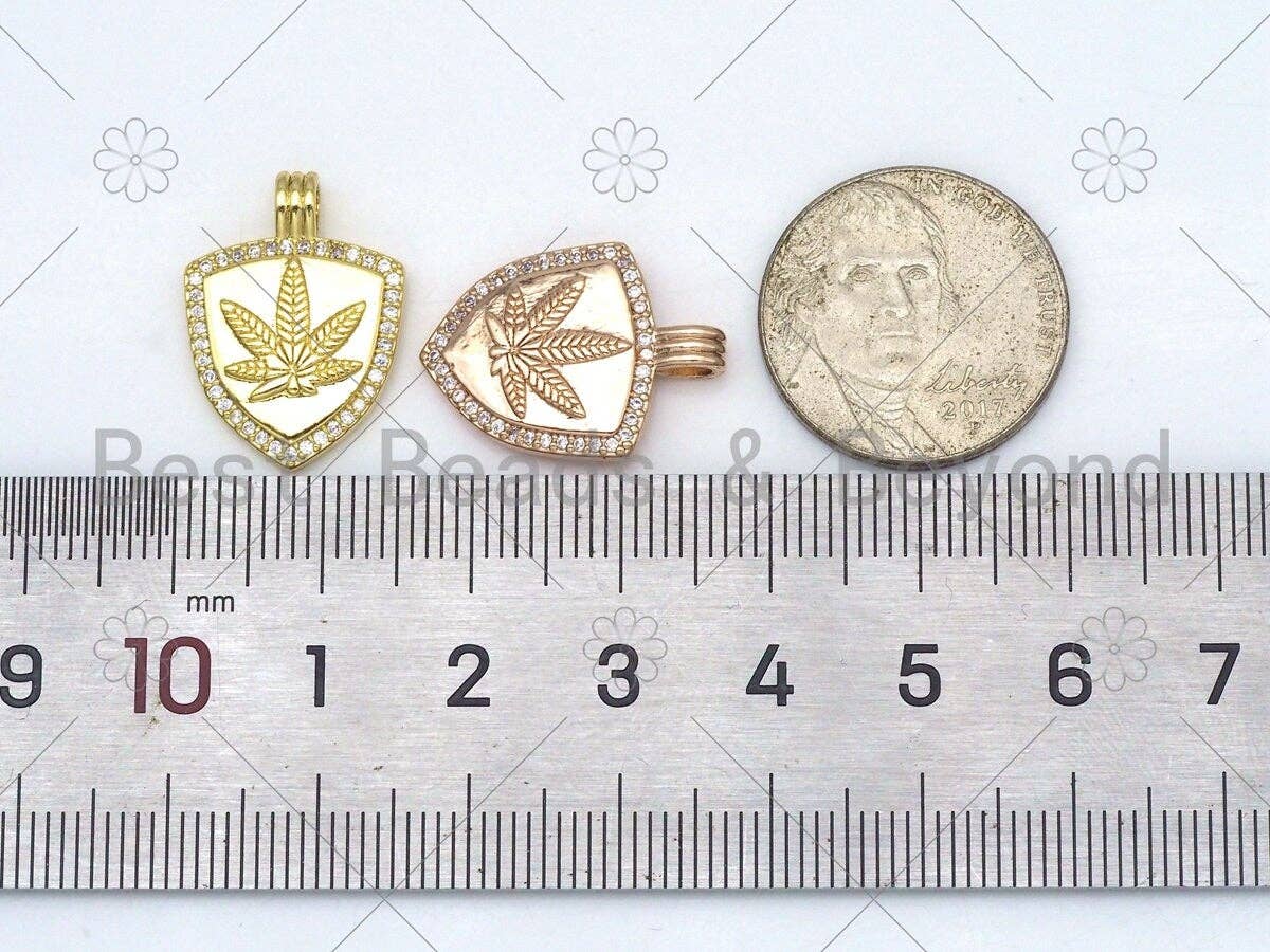 CZ Micro Pave Maple Leaf On Shield Shape Pendant, Gold/Silver/Rose Gold Shiled Charm, Necklace Bracelet Charm Pendant, 21x15mm,Sku#Y483