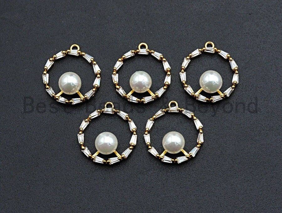 CZ Pave Ring Pendant with White Pearl Charm/Pendant, Pearl Jewelry, CZ Pave Jewelry, 16x18mm, sku#Y235