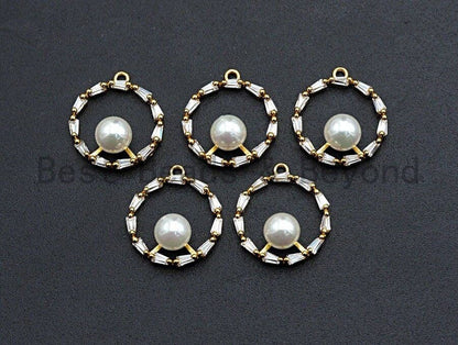 CZ Pave Ring Pendant with White Pearl Charm/Pendant, Pearl Jewelry, CZ Pave Jewelry, 16x18mm, sku#Y235