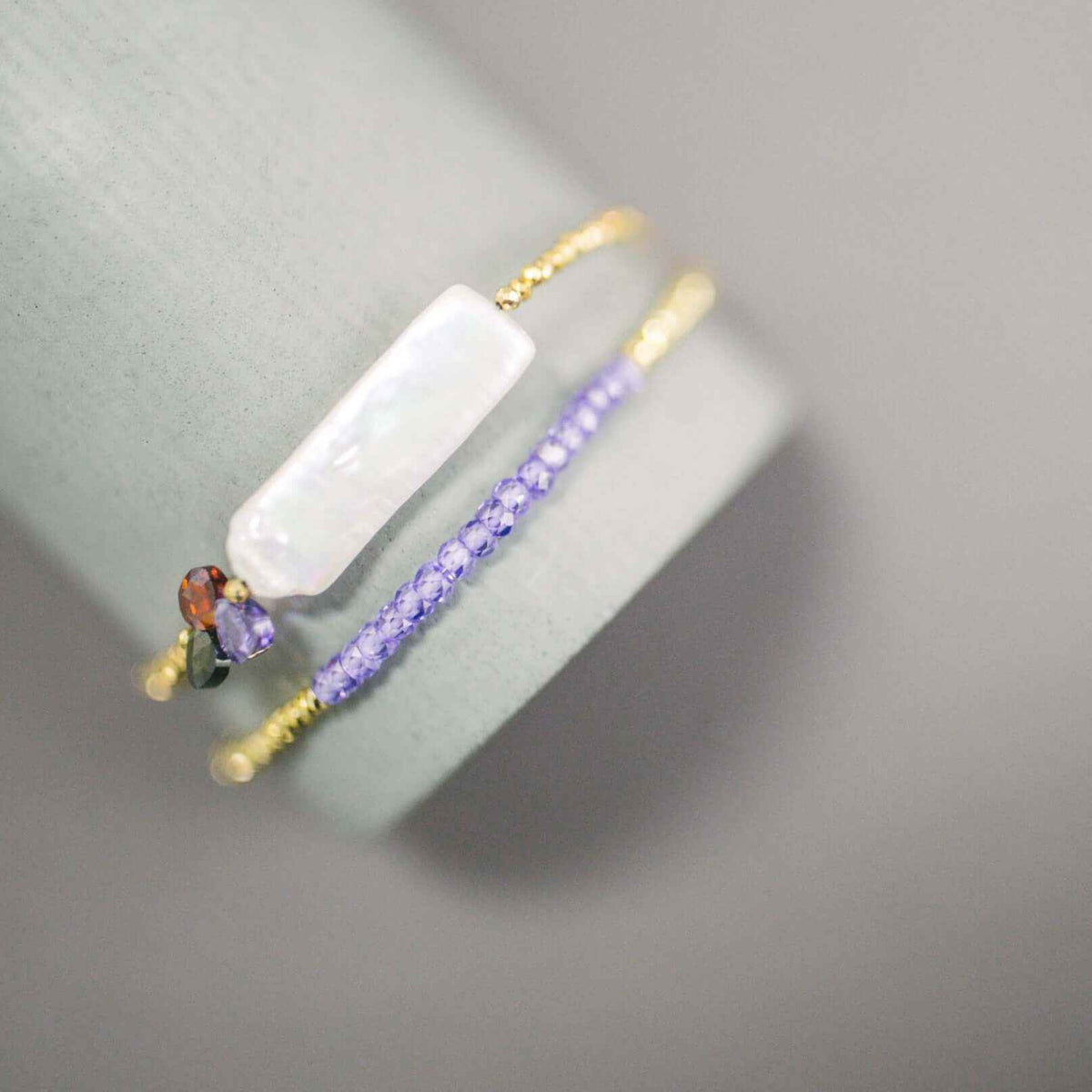 Amethyst adjustable stacking bracelet with gemstone beads and gold chain