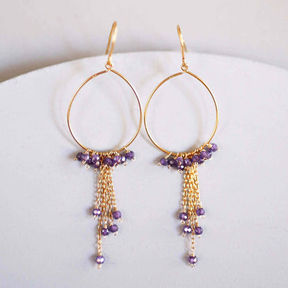 Amethyst gold mini swing hoop earrings with delicate gemstone chains and French hooks