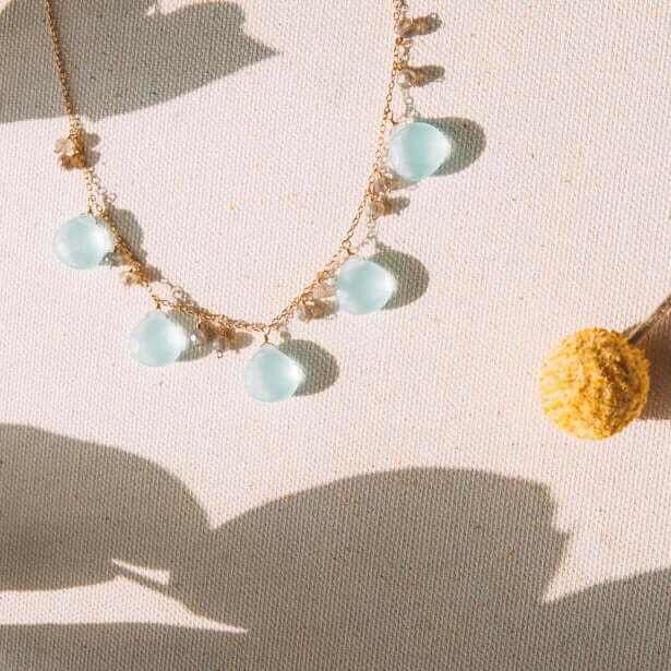 Aqua Chalcedony and Labradorite Dewdrop Necklace with 14k gold plated sterling silver and spring ring clasp