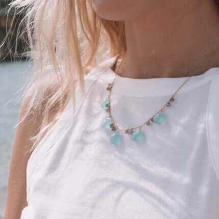 Aqua Chalcedony and Labradorite Dewdrop Necklace with gold plating and spring ring clasp