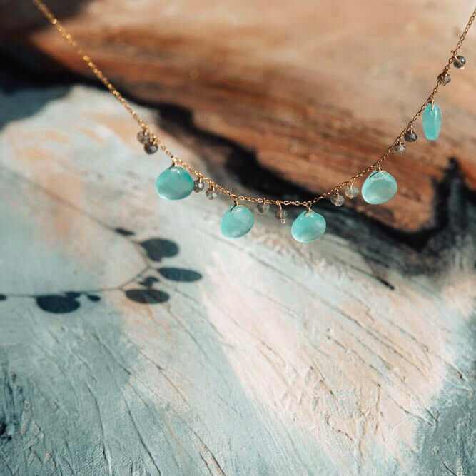 Aqua Chalcedony and Labradorite Sparkler Necklace in gold with 16-18 inch chain and spring ring clasp