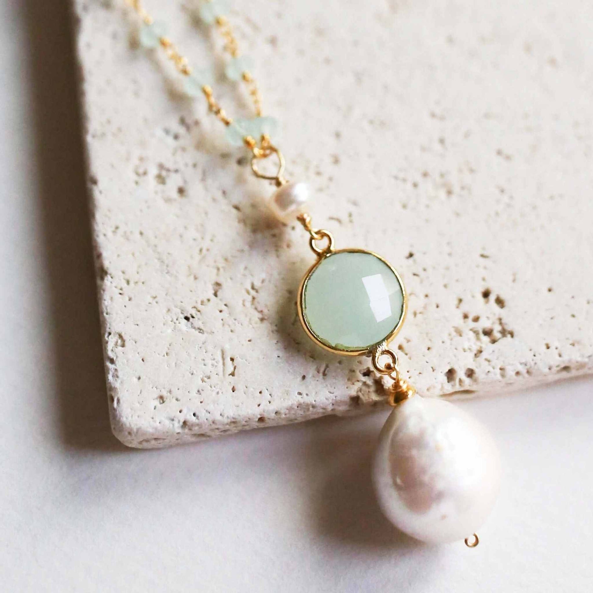 Aqua Chalcedony Pearl convertible necklace with baroque pearl and gold-plated sterling silver chain