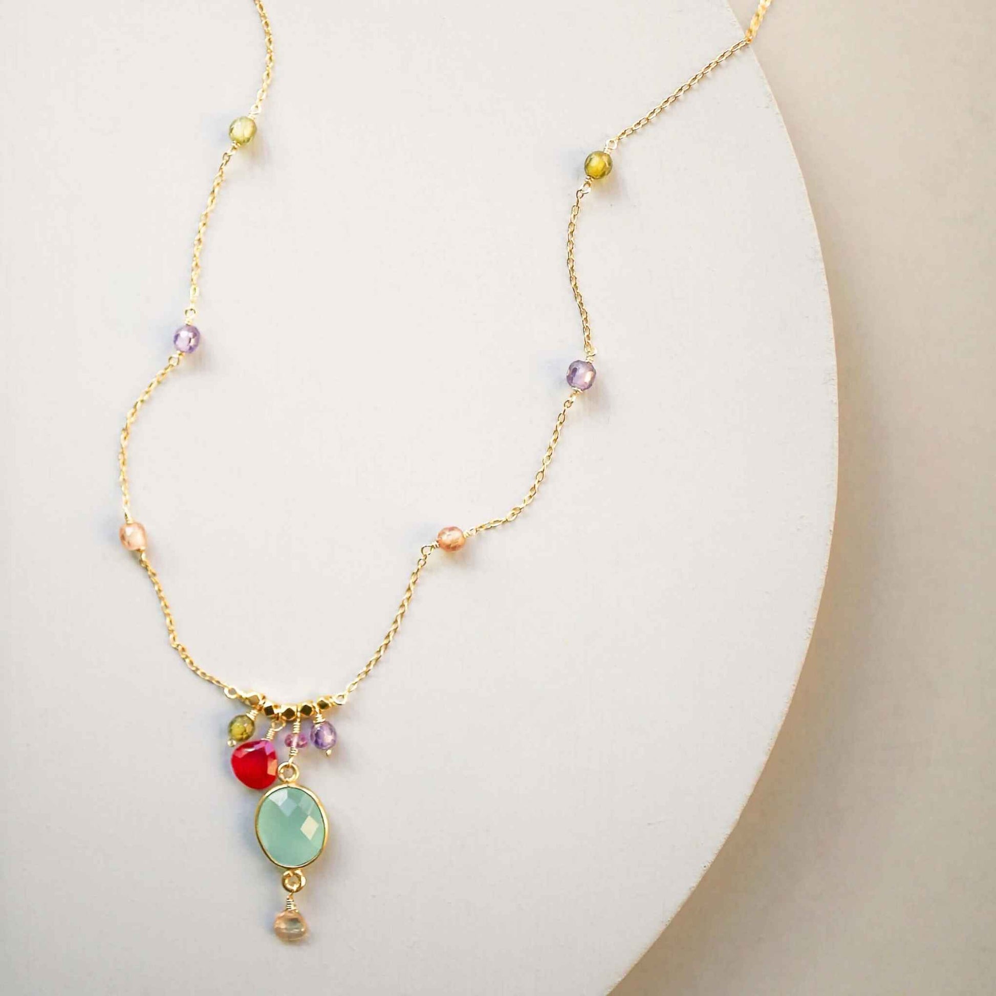 Aqua Chalcedony Rainbow Bezel Necklace with blue chalcedony and multicolor gemstone accents on gold chain