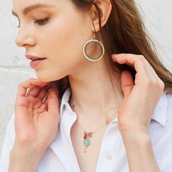 Aqua Chalcedony Rainbow Bezel Necklace with blue chalcedony gemstone and multicolored quartz accents on a gold chain