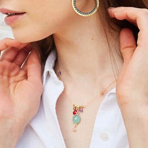 Aqua Chalcedony Rainbow Bezel Necklace with blue chalcedony gemstone and ruby quartz, citrine, amethyst accents on gold chain